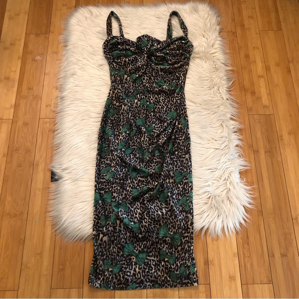 Tatyana Leopard Print Emerald Bow Velvet Bodycon Stretch Midi Dress size XS - Picture 2 of 11
